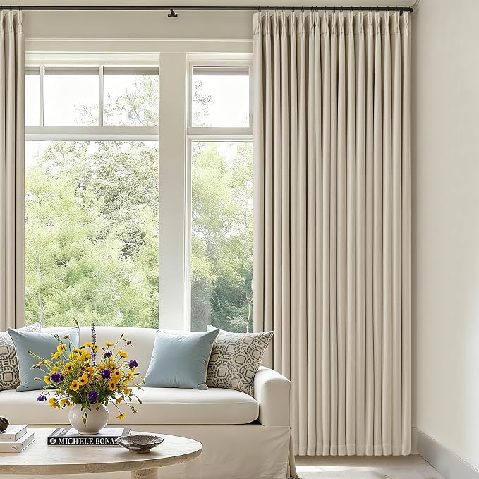 Neutral Oatmeal Pinch Pleated 100% Blackout Linen Curtains 80 Inch Length 2 Panels Set Pinch Pleat Curtains Black Out Light Blocking Room Darkening Drapes with Liner for Bedroom Living Room Window