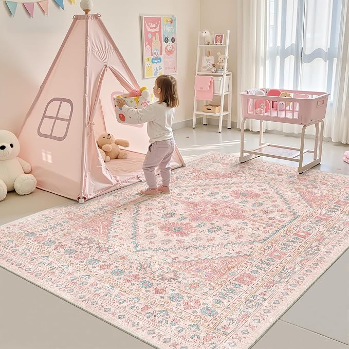 zesthome Pink Rug - 5x8 Area Rugs for Bedroom, Stain Resistant Washable Rugs for Nursery Room, Living Room, Home Decor, Girls Rug (Pink/Blue,5'x8')