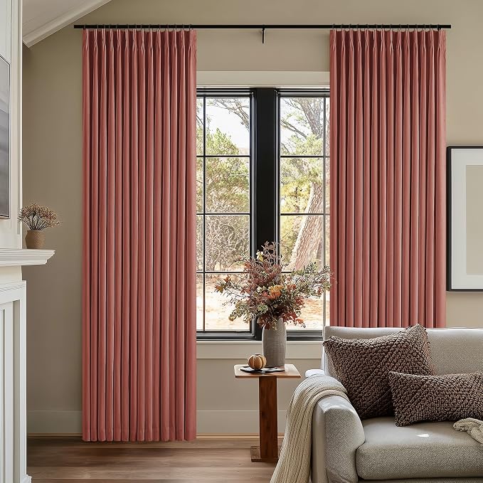 Terracotta Pinch Pleated 100% Blackout Linen Curtains for Bedroom 84 Inch Length Room Darkening with Liner Burnt Orange Window Curtains 84 Inches Long for Living Room Black Out Pleat Drapes Back Tab