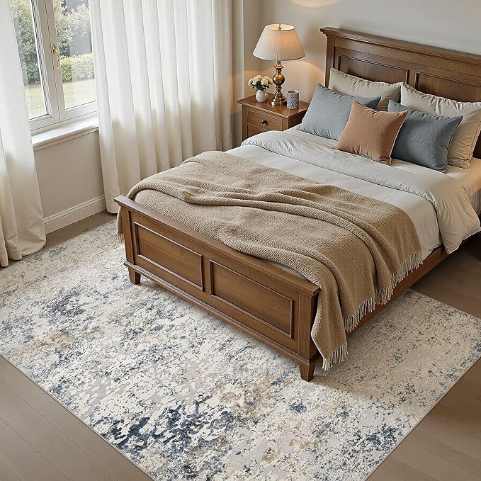 Area Rug Living Room Rugs - 5x8 Abstract Large Soft Indoor Washable Rug Neutral Modern Low Pile Carpet for Bedroom Dining Room Farmhouse Home Office - Beige Blue
