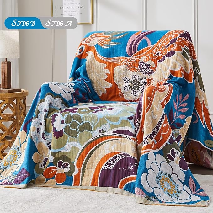 Boho Blanket Soft Muslin BohoThrow Blanket, 100% Cotton Floral Printed Farmhouse Decor All Season Reversible Rustic Throw for Sofa Couch Chair (60"x80")
