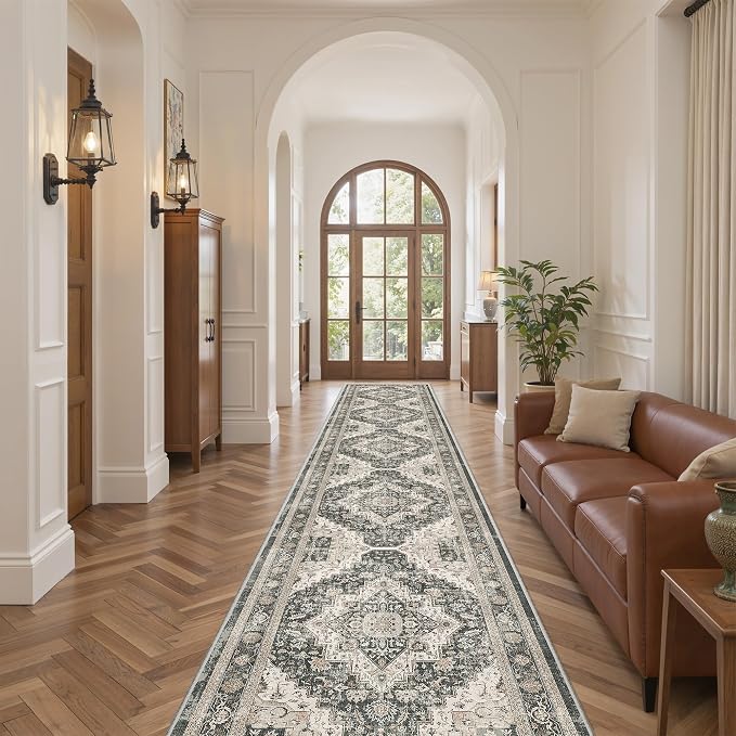 Roxstand Washable 2.6x14 Hallway Runner Rug, Black/Beige | Low-Pile Carpet, Non-slip Backing,14ft Runner, Stain Resistant, Runner for Kitchen, Laundry Room, Entryway, Vintage Design