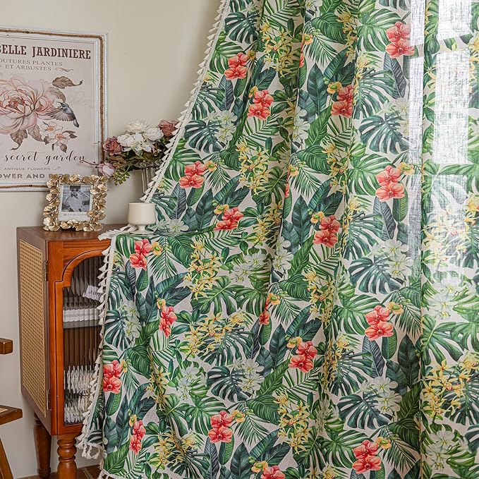 Deeprove Boho Curtains 2 Panels for Bedroom Living Room 84 inches Long Bohemian Light-Filtering Linen Look Leaf Floral Print Farmhouse Aesthetics Privacy Vintage Chic Window Decor 52W x 84L