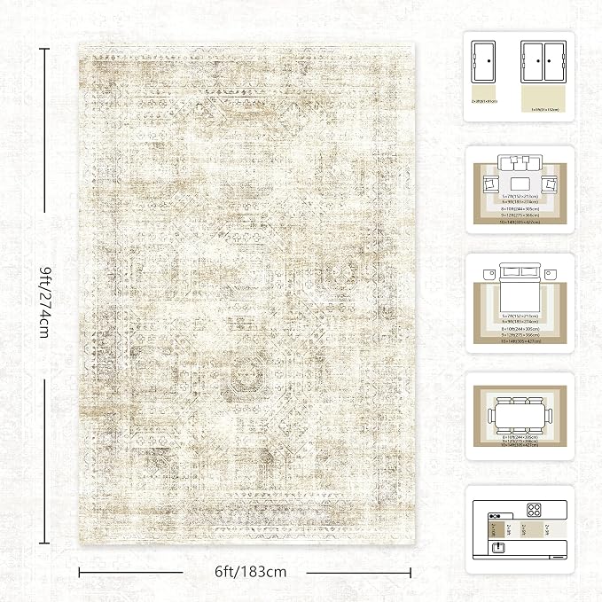 6x9 Area Rugs, Washable Vintage Retro Floral Rug for Living Room, Low Pile Non Slip Distressed Large Carpet for Bedroom, Dining Room, Office, Home (Beige)