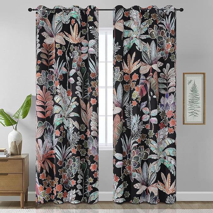 Estelar Textiler Boho Vintage Leaf Pattern Blackout Curtains 108 inch Long 2 Panels,Grommet Thermal Insulated Black Curtains for Living Room,Energy Efficient Window Curtains for Bedroom,52Wx108L