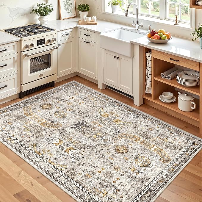Madane Area Rug 3x5, Washable Vintage Entry Rugs for Bedroom, Brown/Gold | Vintage Entryway Bedroom Non Slip Door Mat Indoor Entrance, Kitchen Runner Living Room Laundry Playroom Soft Floor Carpets