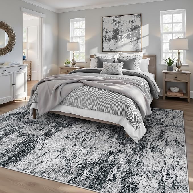 pmtsns Area Rugs 6x9 for Living Room: Washable Rug Modern Abstract Neutral Soft Non-Slip Low-Pile Indoor Carpet for Bedroom Dining Room Playroom Home Office (Black Grey, 6'x9')