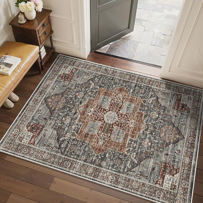 Roxstand 4x6 Area Rug - Washable Dining Room Rug with Non-Slip Backing, Small Rugs for Entryway, Kitchen, Bedroom, Stain Resistant Vintage Rug for Room Decor (Grey/Brown/Tan, 4'x6')