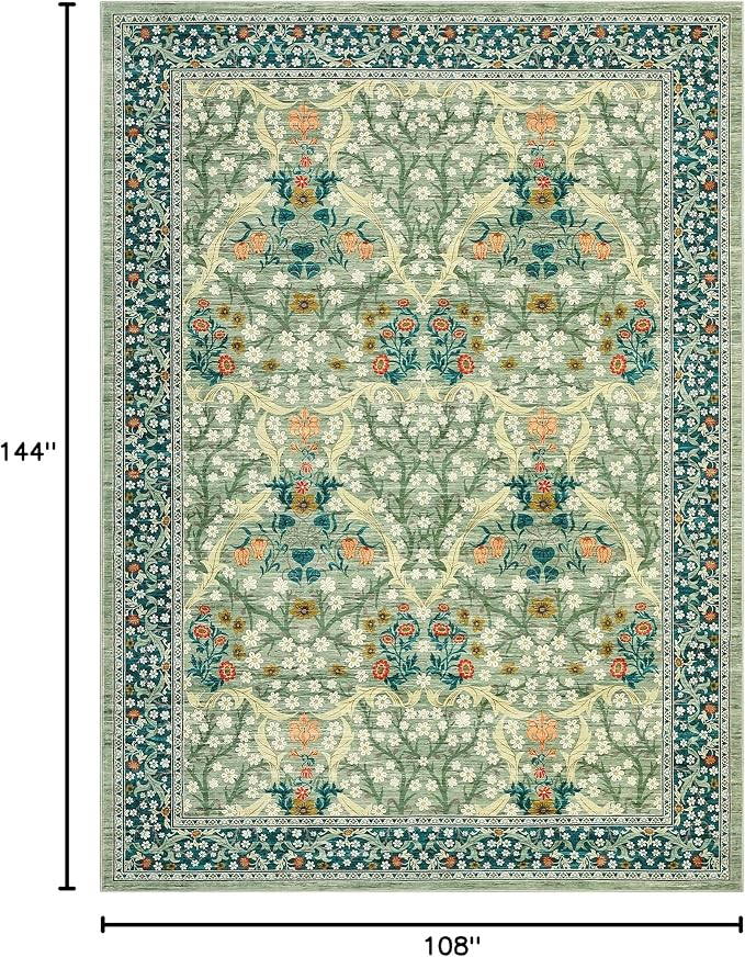 GarveeHome Washable Rug for Living Room, 9x12 Large Area Rug for Dining Room Under Table, Bedroom, Floral Soft Low Pile Non Slip Stain Resistant Carpet for Nursery, Playroom, Office, Sage Green