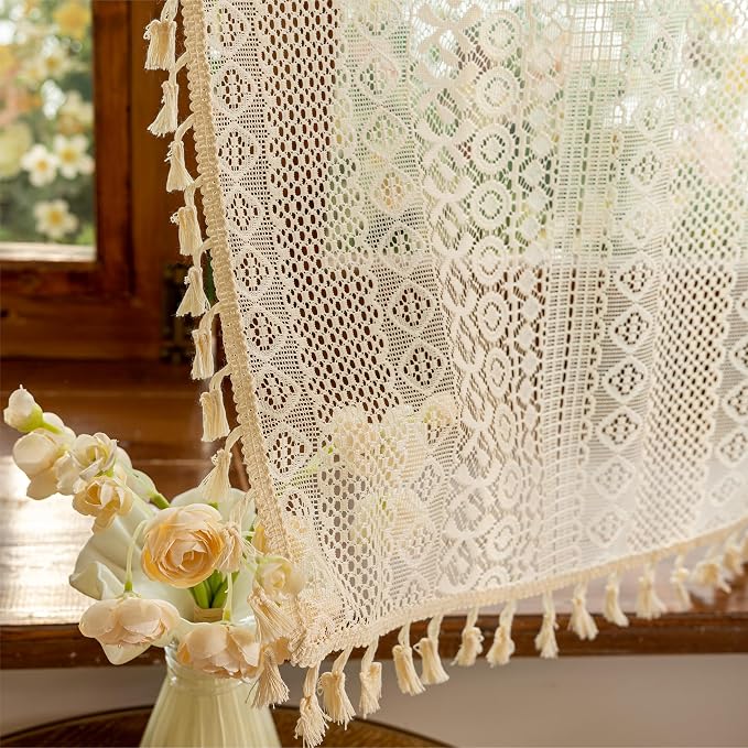 Sutuo Home Beige Boho Lace Short Kitchen Curtains 36 inches Long for Cafe Laundry Room, Semi Sheer Window Curtains Farmhouse Crochet Vintage Tassels Rustic Valance Rod Pocket Decor, 2 Panels 50" W