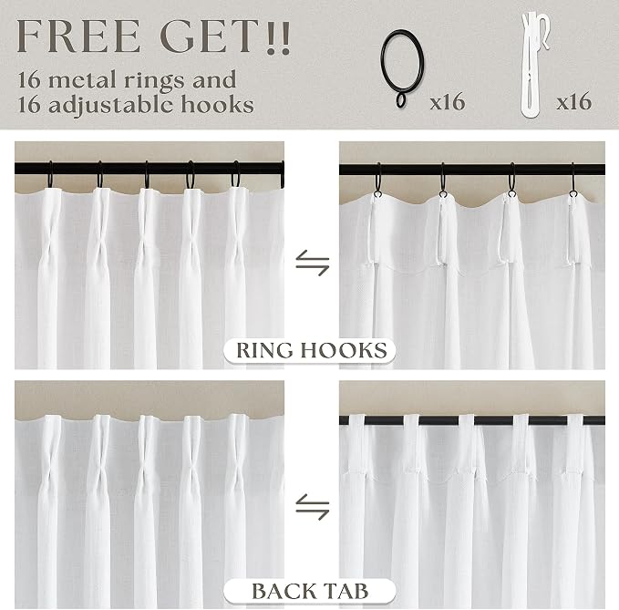 Pleated Linen Curtains 86 Inches Long for Living Room Pinch Pleat Hooks for Track System Back Tab Custom Made Memory Shape Drape Light Filtering Snow White Living Room Bedroom Window Curtain 86 Inch
