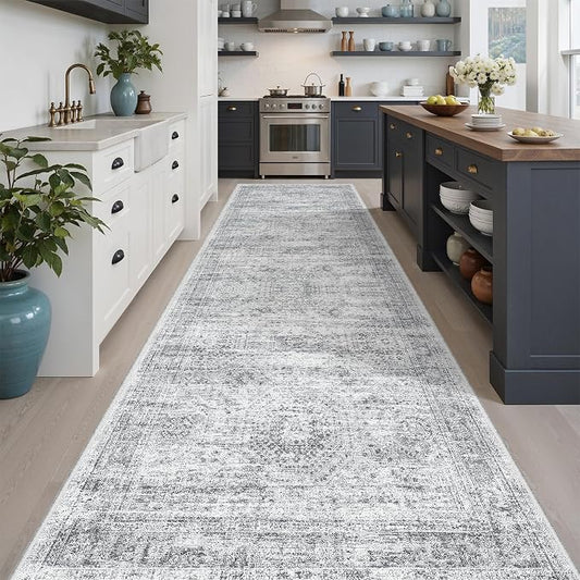 Soalmost Runner Rug 3x10 Washable Non-Slip Hallway Runner Rugs for Kitchen Bathroom Laundry Room Grey Vintage Floor Carpet Runners for Hallways Entryway