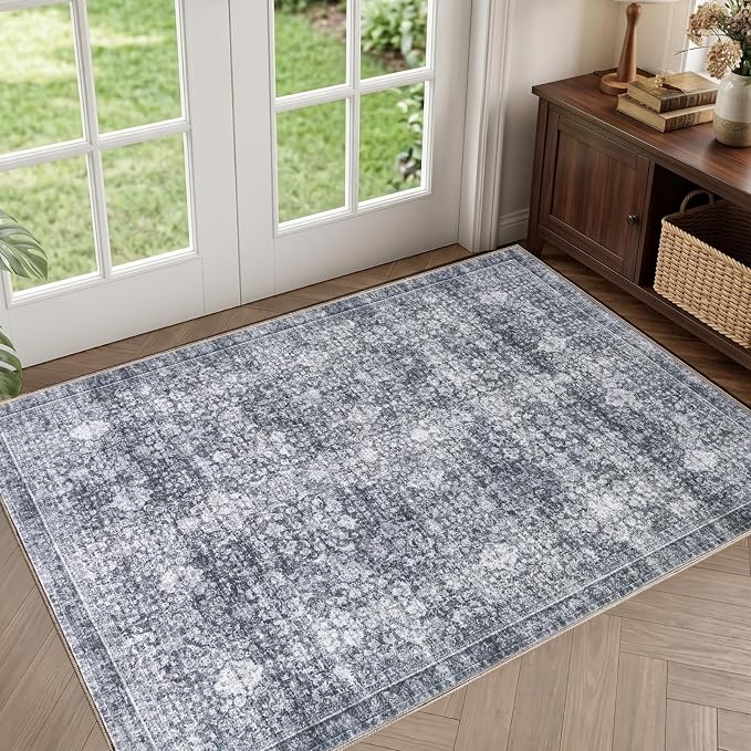 Sasttie 2x3 Rug, Ultra-Soft Washable Rug, Low Pile Foldable Thin Carpets with Non-Slip Backing, Skin-Friendly Stain Resistant Carpet for Living Room, Bedroom, Kitchen, Dorm, 2x3, Black Grey