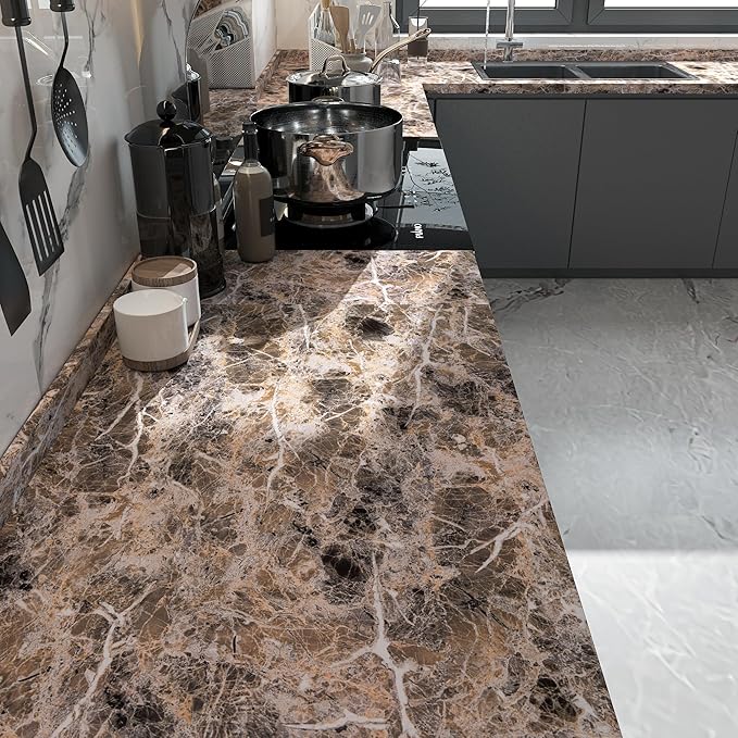 BAYYA Brown Marble Contact Paper Peel and Stick Wallpaper for Kitchen Cabinets Bathroom Granite Countertop Sticker Vinyl Film Self Adhesive Counter Top Covers Waterproof Furniture Decorative Paper