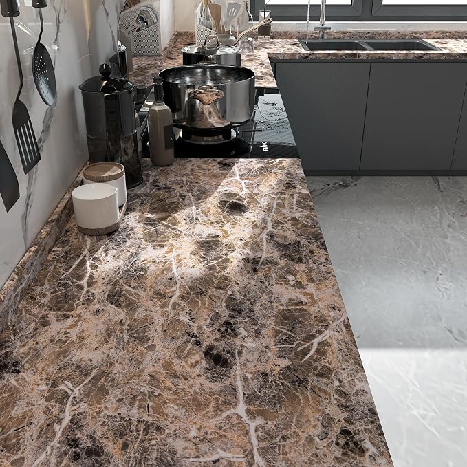 BAYYA Extra Wide Marble Granite Peel and Stick Wallpaper Brown Thicken Waterproof Self-Adhesive 31.5x157inch Dark Countertop Contact Paper for Kitchen Bathroom DIY Wall Stickers Marble Vinyl Wrap