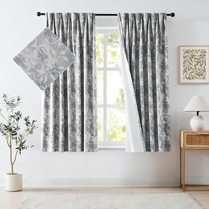 Randll Pinch Pleat90% Blackout Curtain Floral Jacquard Thermal Insulated Drape for Living Room Bedroom 63 Inch Long Gray Leaf Printed Botanical Pattern Back Tab Window Treatment Set,40"x63",2 Panels