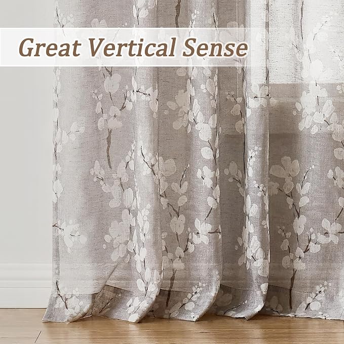 Fmfunctex Linen Sheer Curtains for Bedroom, Tan White Blossom Print Curtains 84 Inches Long for Living Room, Taupe Floral Patterned Farmhouse Curtain Light Filtering Window Drapes 2 Panels, Rod Pocket