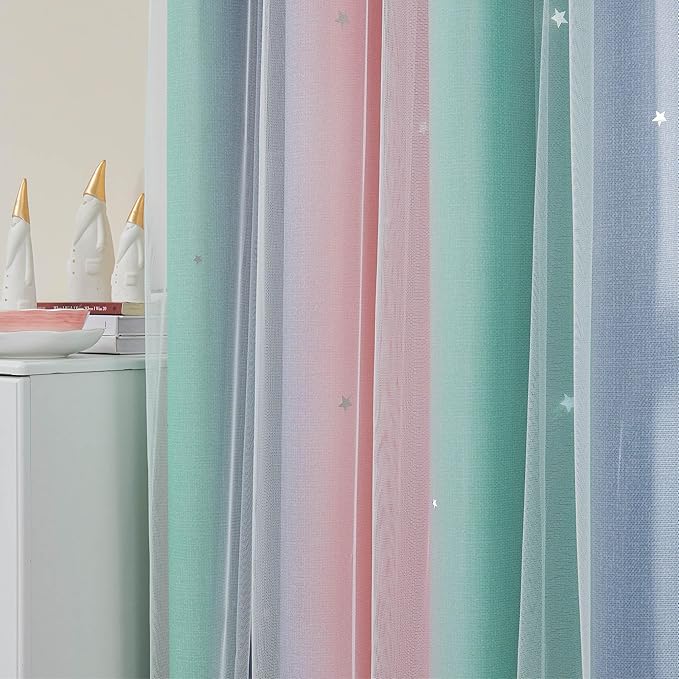 XiDi Curtains for Bedroom Decor, Rainbow Pinkgreen grey52/54
