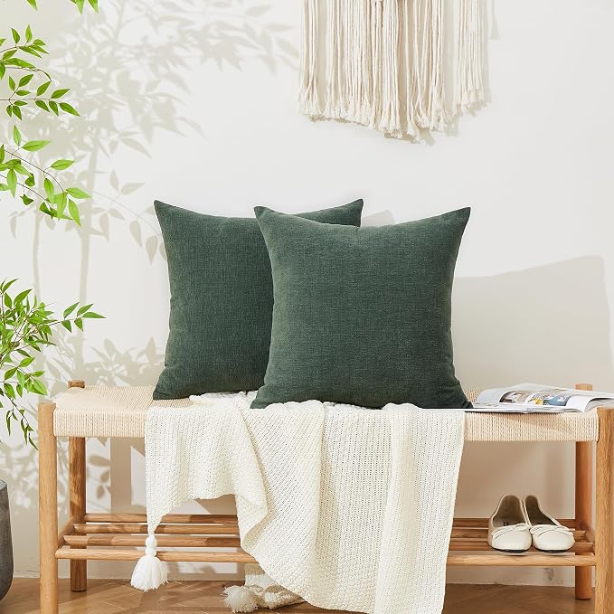 GAWAMAY Decorative Chenille Throw Pillow Covers 24"x24" Inch Pack of 2, Soft Square Couch Pillow Cover for Sofa Cushion Living Room Bedroom Solid Oversized Pillowcases Dark Green 60x60cm (ONLY COVERS)