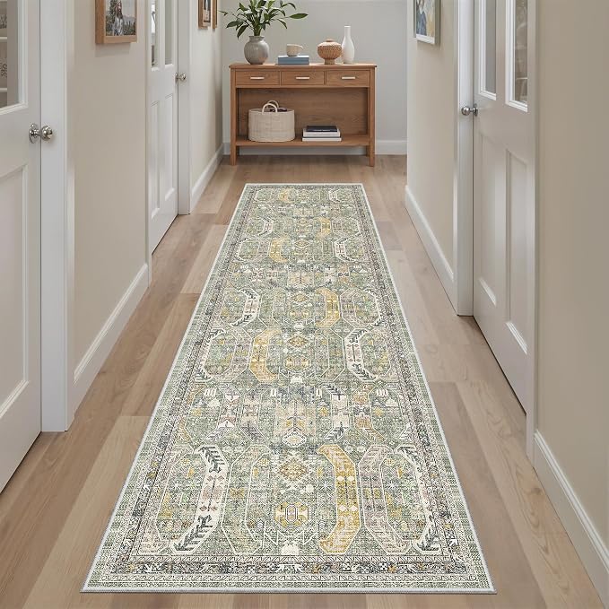 Madane Hallway Runner Rug 2x8 Washable Kitchen Rugs Non-Slip, Green/Gold | Vintage Machine Washable Low-Pile Floor Carpet 8ft, Soft Ultra-Thin Throw Entry Foyer Mat for Entrance Laundry Living Room
