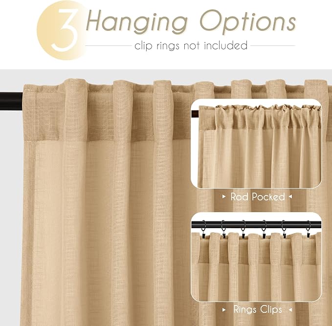 Tan Linen Curtains 102 Inches Long for Living Room Back Tab Rustic Farmhouse Semi Sheer Light Filtering Window Curtain Dining Room Soft Thick Flax Linen Textured Drapes Khaki 52x102