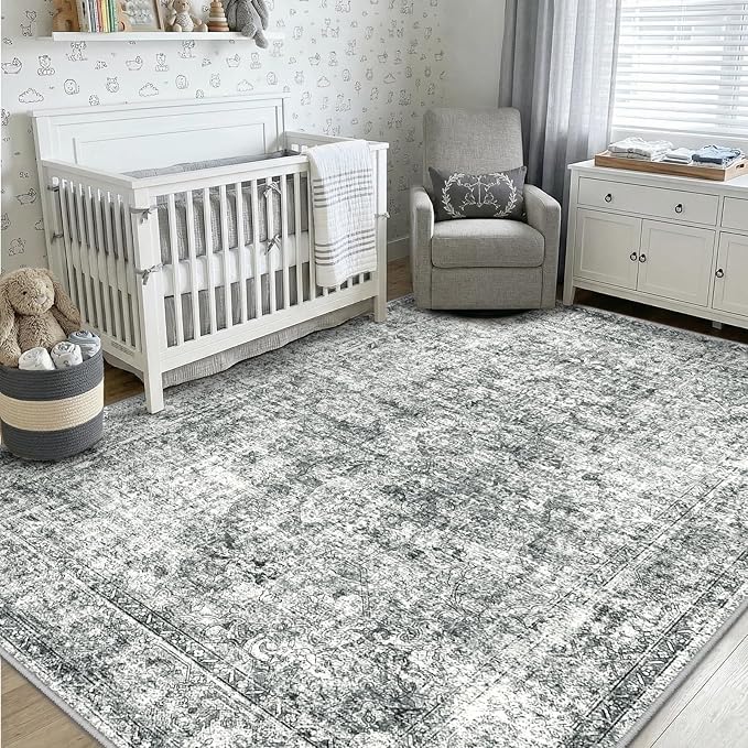 CAPALOCA Machine Washable Rugs Nursery Rug 3x5 Cute Girl Non Slip Low Pile Water Repellent Soft Print Pattern for Bedroom Indoor Decor Kids Playroom Grey