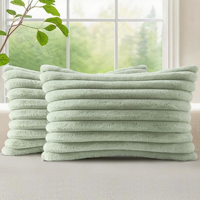 decorUhome Fall Cozy Faux Fur Throw Pillow Covers 12x20 Set of 2 Decorative Soft Plush Striped Lumbar Modern Farmhouse Boho Couch Pillow Cases with Velvet Back for Sofa Bed Living Room, Sage Green