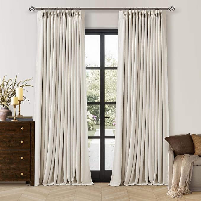 100 Inch Blackout Linen Curtains Pinch Pleated Back Tab Dual Layer Thermal Inslulated Room Darkening 100% Black Out Curtains 2 Panels for Sliding Glass Door Bedroom Living Cream Ivory Window Drapes