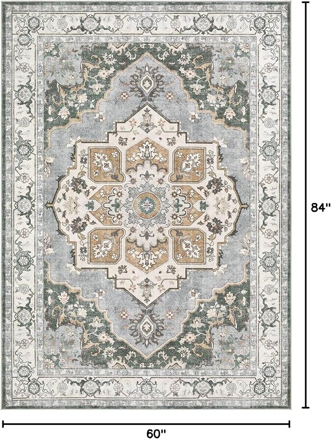 5x7 Washable Area Rug: Vintage Neutral Soft Non Slip Thin Large Floor Carpet for Living Room Bedroom Kitchen Dining Room Home Office Farmhouse Indoor - Green