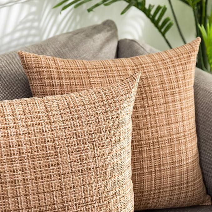 Kevin Textile Pack of 2 Decorative Outdoor Waterproof Pillow Covers Square Garden Cushion Sham Throw Pillowcase Shell for Patio Tent Couch 18x18 Inch Beige