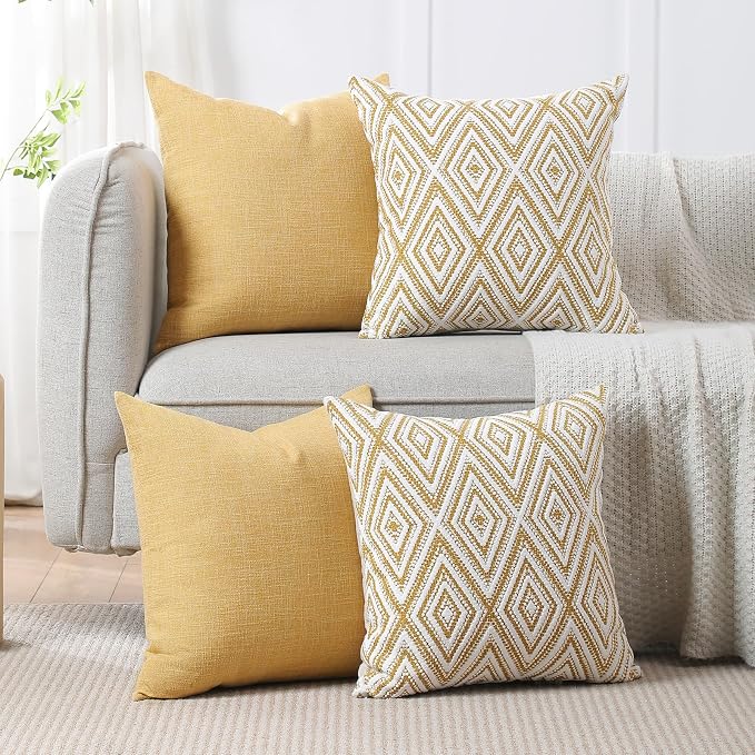 HPUK Throw Pillow Covers 20x20 Inch Set of 4, Linen Decorative Pillow Covers, Accent Cushion Covers for Couch Sofa Bed Bedroom Living Room Décor, Ochre