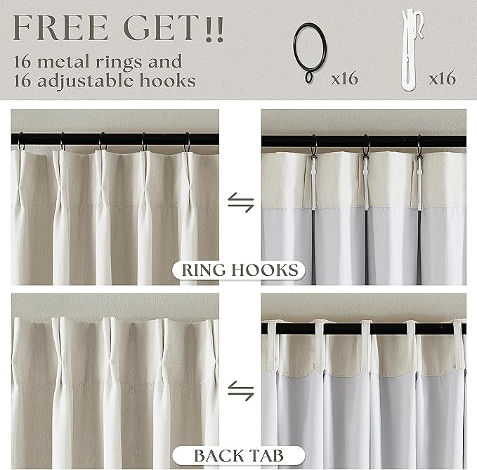 Natural Linen Blackout 112 Inch Curtains for Living Room 2 Panels Set Pinch Pleated Back Tab Drapes Farmhouse Thermal Insulated Full Black Out Curtains 112 Length High Ceiling to Floor Cream Ivory