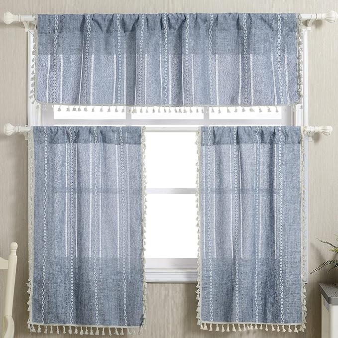 RoomTalks Boho Kitchen Curtains 36 Inch Length French Striped Farmhouse Vintage Chic Cottage Tassel Short Cafe Curtains for Small Window Kitchen Bathroom Bohemian Decor (36’’L x 24’’W, Blue)