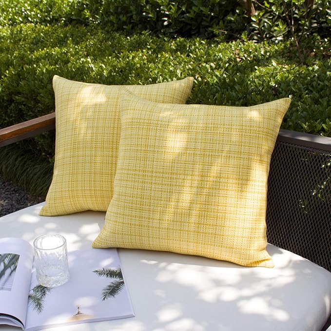 Kevin Textile Pack of 2 Decorative Outdoor Waterproof Throw Pillow Covers Stripe Pillowcases Modern Cushion Cases for Patio Couch Bench 16 x 16 Inch Yellow