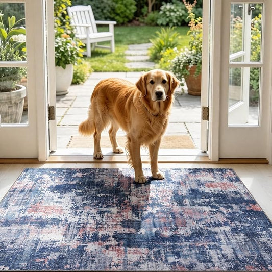 Sasttie 3x5 Area Rug for Entryway, Washable Modern Abstract Small Carpet for Living Room Bedroom Door-mat, Soft Entry Rug with Non-Slip Backing, Pink and Blue