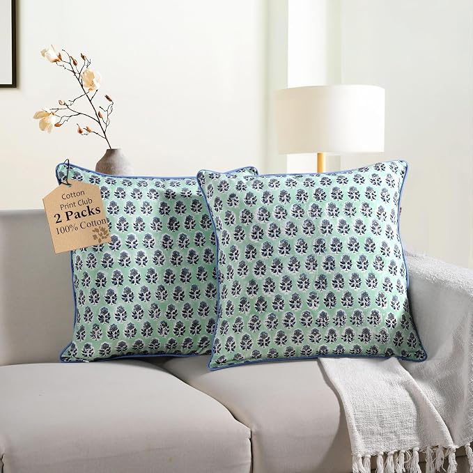 CPC 100% Cotton Throw Pillow Covers 20x20 Inch, Set of 2 Blue Block Print Pattern Couch Pillow, Cute Boho Decorative Pillows for Living Room, Bedroom with Hidden Zipper- Poppy Blue
