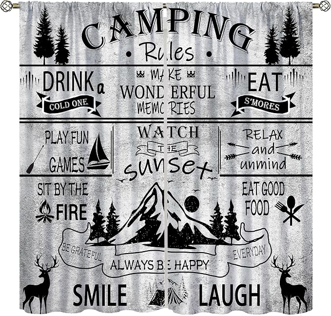 Farmhouse Camping Rules Blackout Curtains Vintage Rustic Vintage Farm Black and White Deer Mountain Adventure Forest Windows Treatments for Kitchen Farm Living Room Bedroom 72x63in
