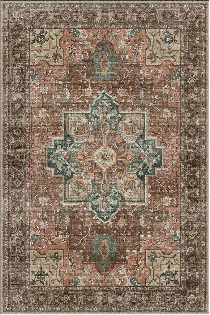 GENIMO 8x10 Area Rugs for Living Room, Machine Washable Non Slip Vintage Rugs, Low Pile Lightweight Print Rug for Bedroom, Dining Room, Home Office, Rosewood