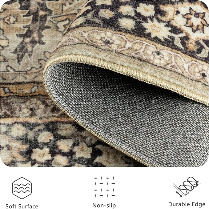 10x14 Area Rugs for Living Room - Washable Vintage Retro Large Rug, Soft Ultra Thin Non Slip Low Pile Traditional Distressed Boho Carpet for Bedroom Dining Room Home Office, Charcoal Olive
