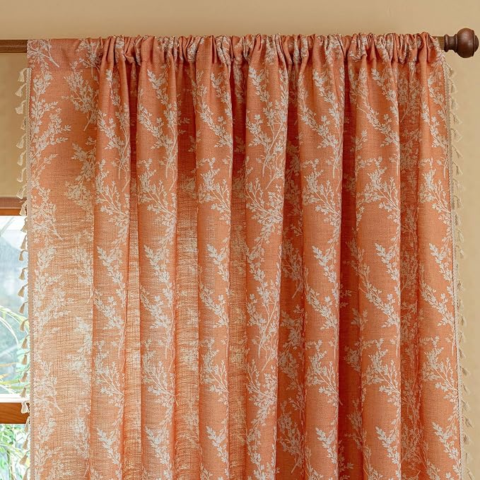 OYX Orange Floral Curtains 63 Inch Long 2 Panels, French Vintage Farmhouse Patterned Decor Window Drapes with Tassels, Girls Semi-Sheer Light Filtering for Bedroom Living Room (Rod Pocket, 52Wx84L)