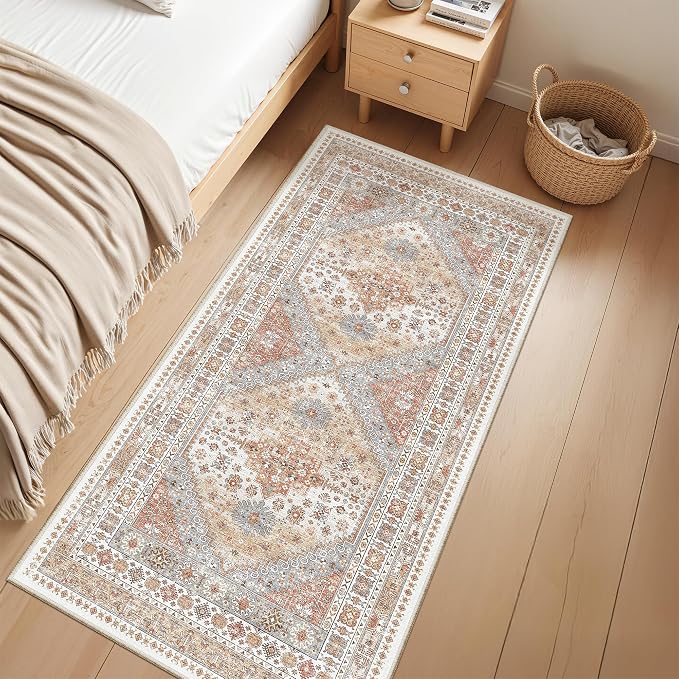 zesthome 2x4 Washable Rug Runner for Bathroom, Soft Entryway Rug for Laundry Room, Kitchen, Vintage Abstract Hallway Runner for Bedroom, Anti-Slip Door Mat Indoor Entrance(Orange,2'x4')