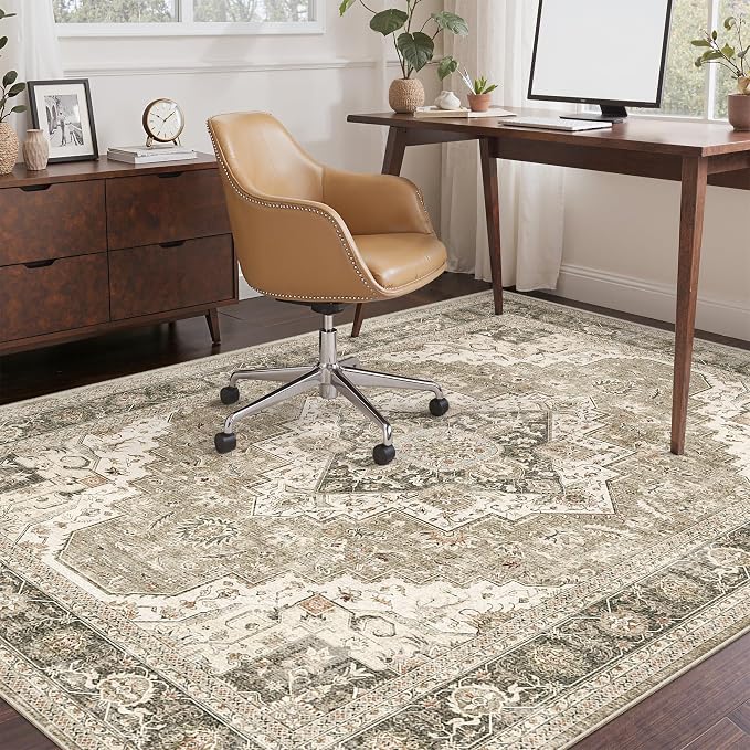 Roxstand 3x5 Area Rug - Washable Kitchen Rugs Non Slip,Soft Low Pile Small Rug for Entryway, Stain Resistant Vintage Area Rugs for Home Decor(Brown/Beige, 3'x5')