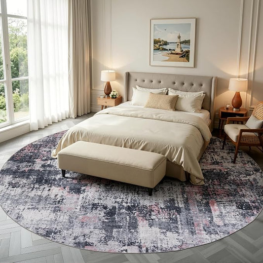 Sasttie 8ft Soft Round Area Rug, Modern Abstract Washable Large Circle Carpet for Living Room, Bedroom, Dining Room Table, with Non-Slip Backing, Black and Pink