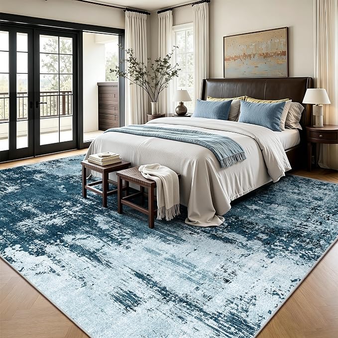 8x10 Rugs for Living Room - Modern Abstract Washable Rug, Ultra Soft Non Slip Low Pile Large Rugs, Floor Carpet for Bedroom Dining Room Office Laundry Nursery Home（Ocean Blue）