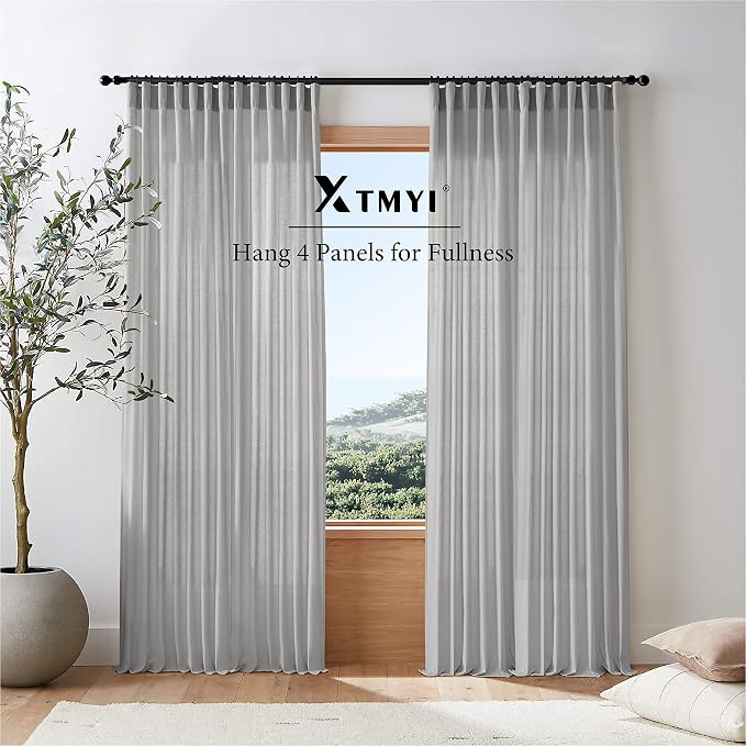 XTMYI Gray Curtains 96 Inches Long,Sheer Linen Back Tab Hooks Pleat Light Weight Modern Stylish Curtains for Living Room 96 Inch Length 2 Panel Set,Grey