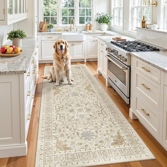 Madane Hallway Runner 3x8, Kitchen Rugs Washable Entry Rug, Beige/Blue | Vintage Non Slip Entryway Indoor Area Rugs, Soft Low-Pile Farmhouse Wide Carpet Runners for Bathroom Living Room Bedroom
