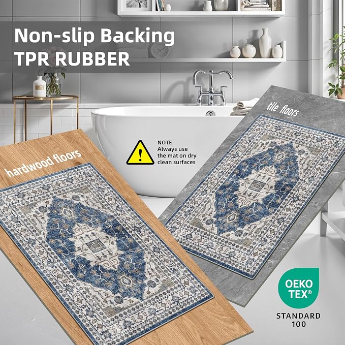 Kitchen Sink Rugs Set 0f 2: Washable Non-Slip Hardwood Floor Mat for Stove Dishwasher Fronts Soft Stain Resistant Carpet for Cooking Area & Fridge Boho Home Decor for High Traffic Area(2x3+2x4,Blue)