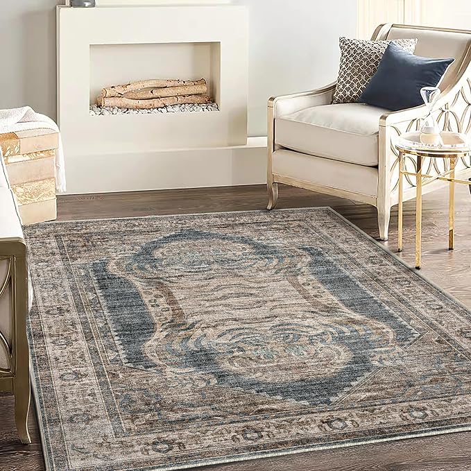 CHAMPLANT Washable Area Rug 3'x5' Vintage Traditional Floor Cover Foldable Thin Rugs Retro Kitchen Indoor Distressed Non Slip Carpet Floral Print Mat Bedroom Living Room