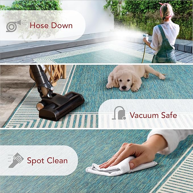 Nuloom Asha Teal/Ivory, 8' x 10', Casual, Striped Border, Soft and Cozy, High Traffic, Easy Clean, Durable Area Rug for Indoor/Outdoor Patio, Deck, Porch, Garden, Courtyard