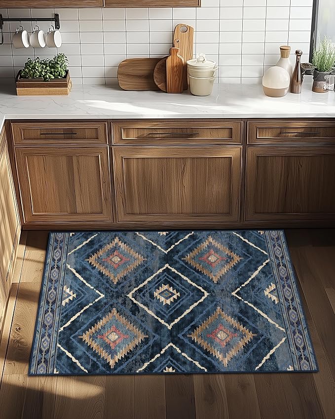 Area Rug 2x3 Rug Machine Washable Non-Slip Low Pile Print Pattern Western Rug for Living Room Bedroom Entryway Tribal Series -Darkblue